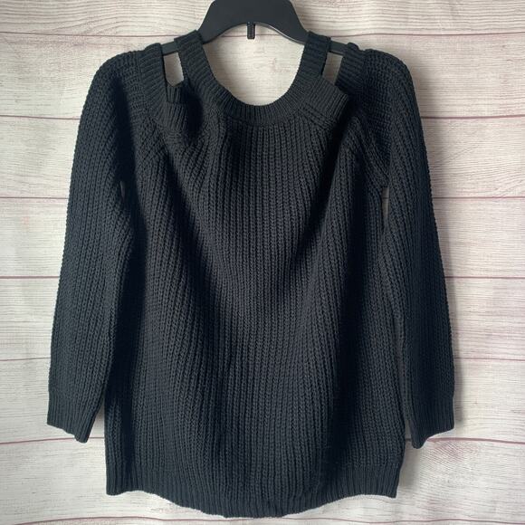 Cozy Casual Black Cold Shoulder Ribbed Knit Sweater Long Sleeves Size S/M - Picture 2 of 16